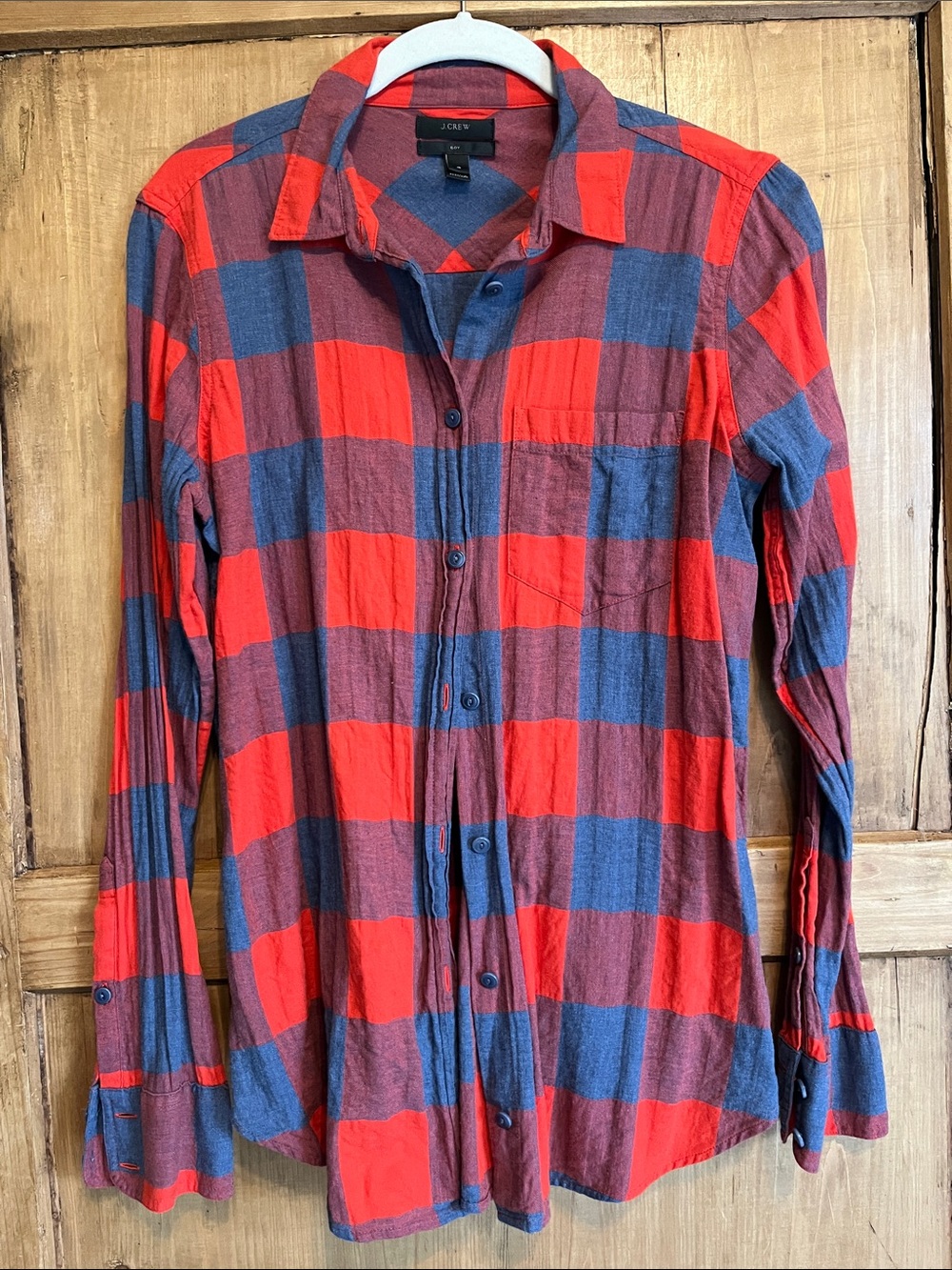 J. Crew Women’s Orange and Gray Plaid Button-Down Cotton Flannel Shirt
